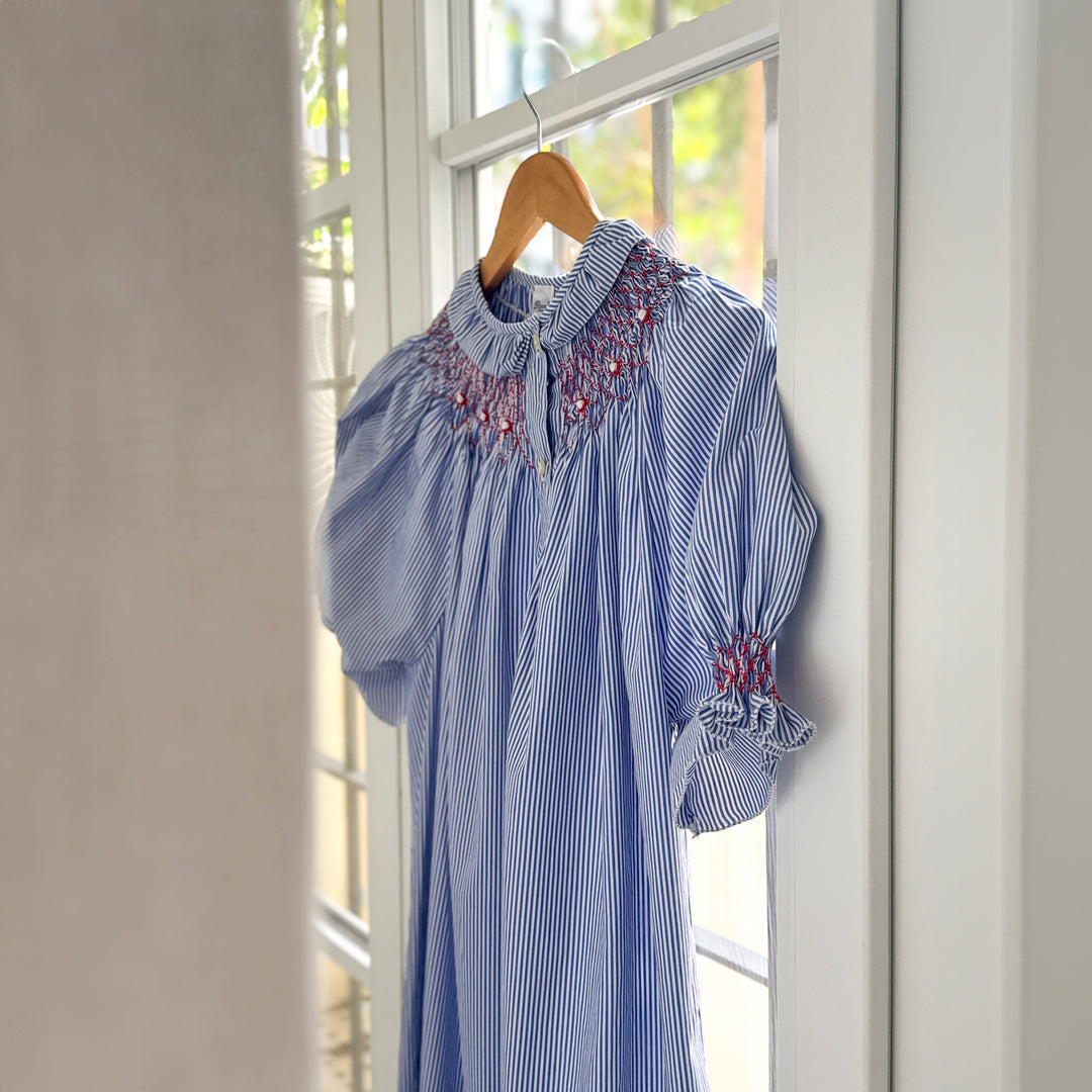 JANIS NIGHTGOWN - BLUE AND WHITE STRIPED