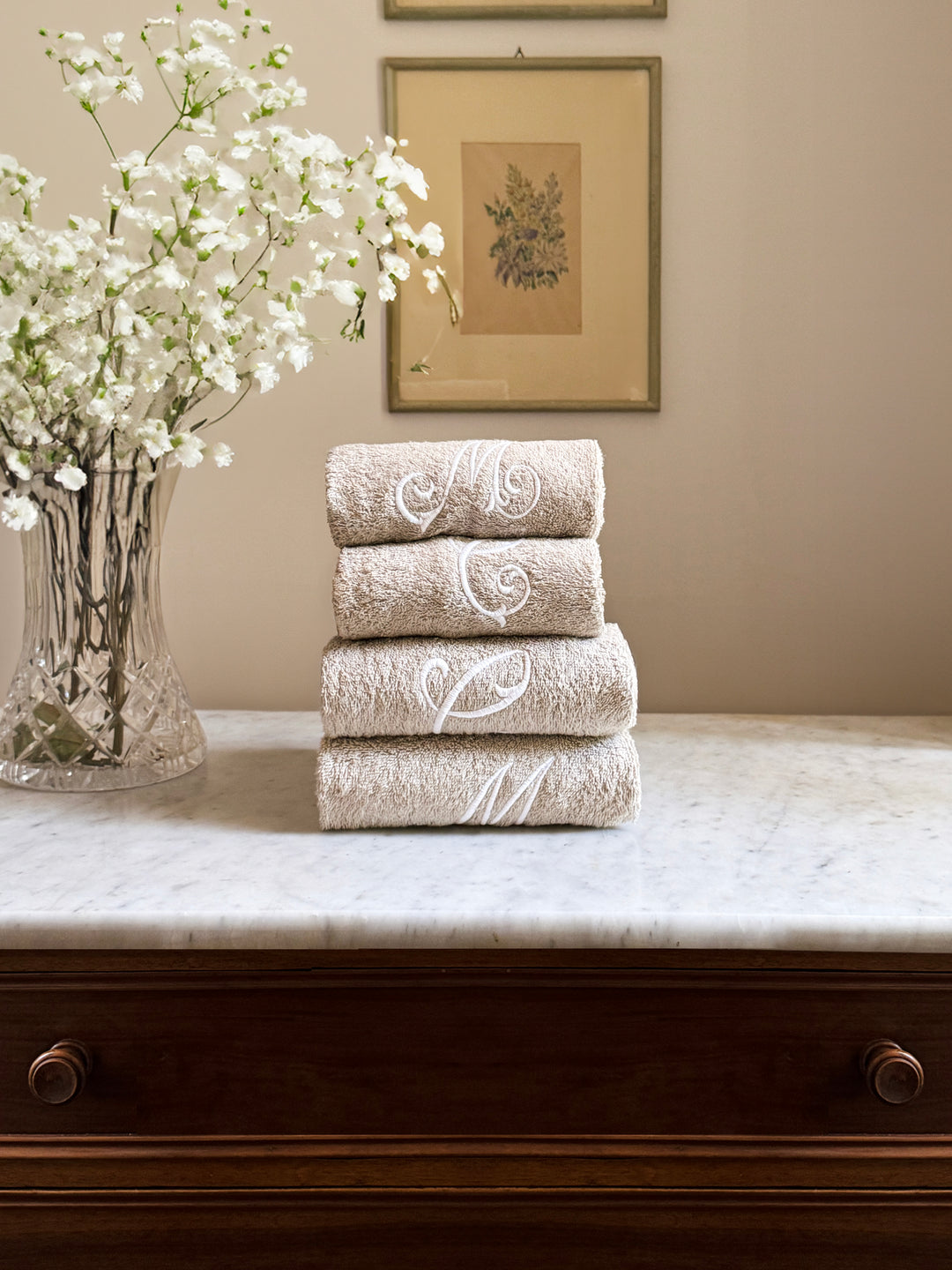 TOWEL SET MONOGRAM - BEIGE